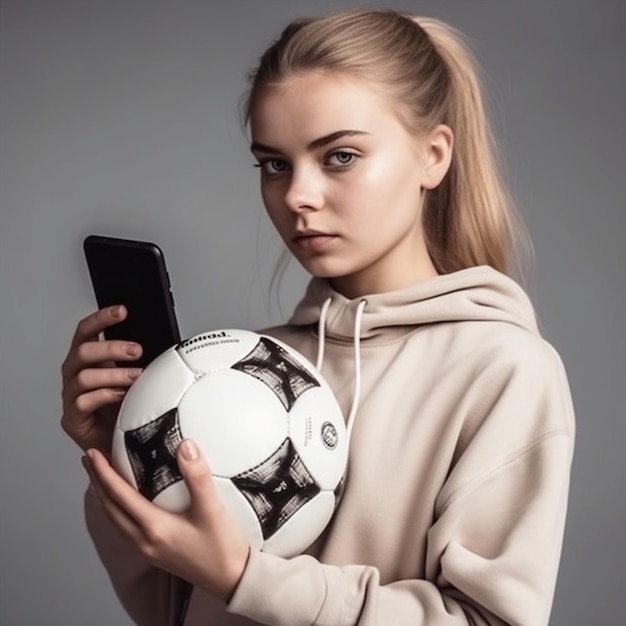 Ein Mädchen, das einen Fußball und ein Telefon in der Hand hält.