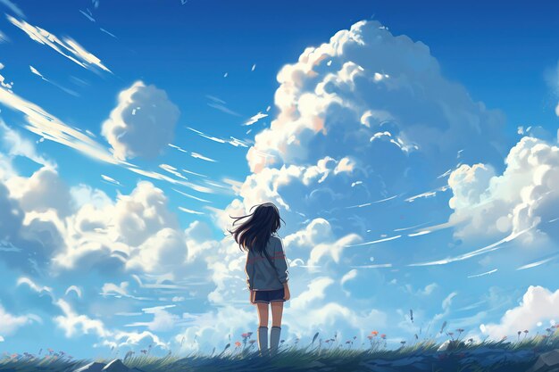 Ein Mädchen, das in die Wolken schaut, Anime-Stil