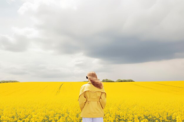 Ein Mädchen, das in einem Feld von gelben Blumen steht Ai generativ