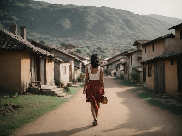 Ein Mädchen, das mitten in einem Dorf auf einer Straße läuft