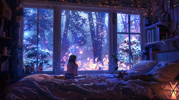 Ein Mädchen, das von seinem Bett aus eine magische Winterszene beobachtet