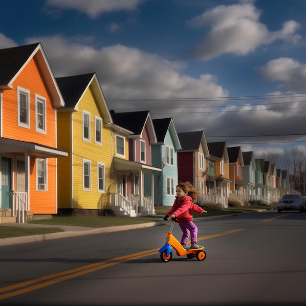 Ein Mädchen fährt auf einem Roller mitten auf einer Straße mit Häusern im Hintergrund.