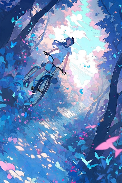 Ein Mädchen fährt Fahrrad im Wald