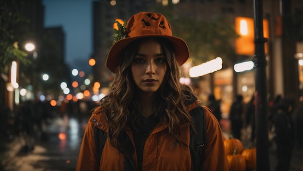 Ein Mädchen feierte Halloween in der Stadt