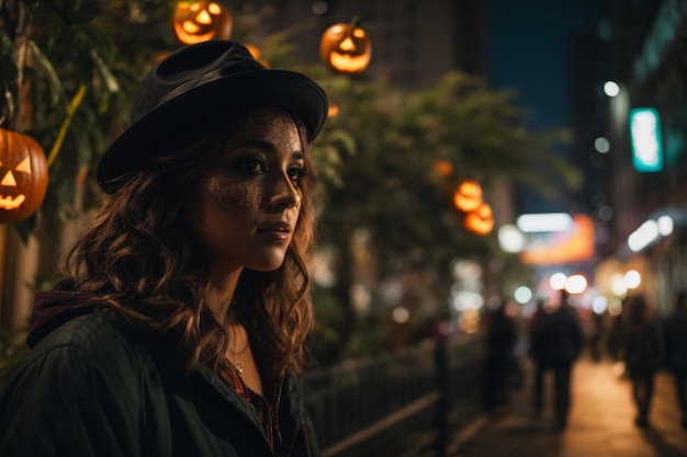 Ein Mädchen feierte Halloween in der Stadt