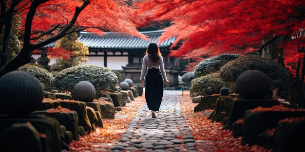 Ein Mädchen geht in einem japanischen Tempelgarten in Kyoto. Herbst mit roten Ahornblättern.