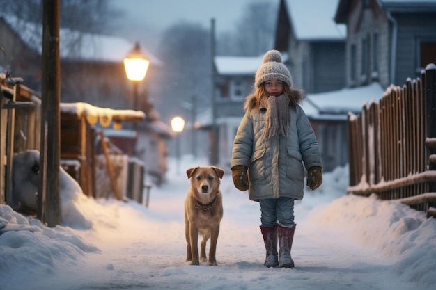 Ein Mädchen geht mit einem Hund entlang der mit Schnee bedeckten Straßen, die im Winter von Laternen beleuchtet werden.