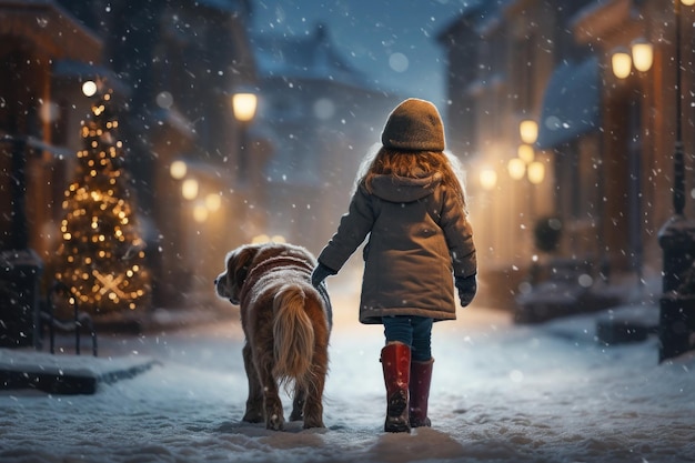 Ein Mädchen geht mit einem Hund entlang der mit Schnee bedeckten Straßen, die im Winter von Laternen beleuchtet werden.