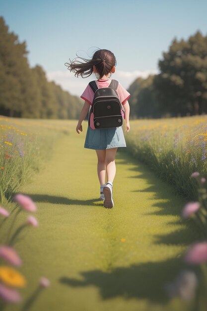 Ein Mädchen geht mit einem rosa Rucksack auf dem Rücken einen Weg entlang.