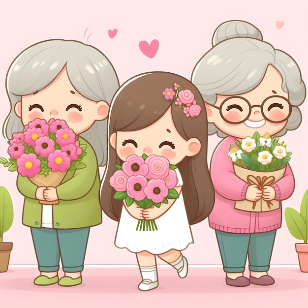 ein Mädchen hält Blumen mit einer älteren Frau, die Blumen hält