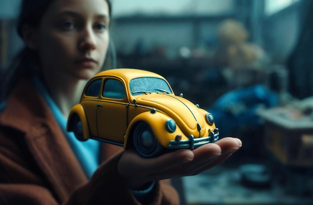 Ein Mädchen hält ein kleines gelbes Auto in den Händen