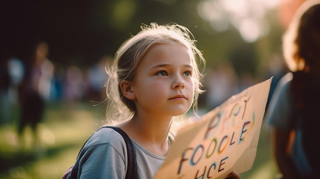 Ein Mädchen hält ein Schild mit der Aufschrift Foodie