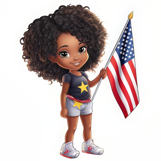 Ein Mädchen hält eine amerikanische Flagge, auf der  das Wort  steht.