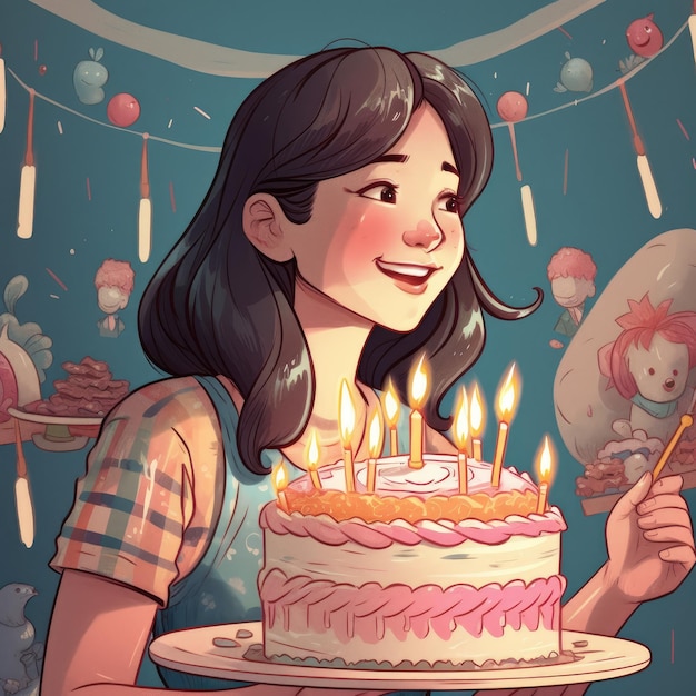 Ein Mädchen hält einen Kuchen in der Hand, während es eine Geburtstags-Cartoon-Illustration mit generativer KI feiert