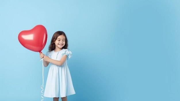 ein Mädchen hält einen roten Ballon mit blauem Hintergrund