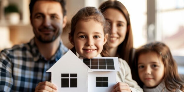Ein Mädchen hält in den Händen ein Modell eines Hauses mit einer Solarpanel Alternative Energie Nachhaltigkeit Konzept Generative KI