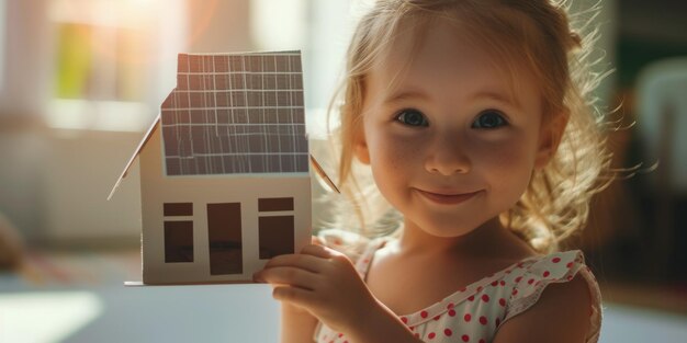 Ein Mädchen hält in den Händen ein Modell eines Hauses mit einer Solarpanel Alternative Energie Nachhaltigkeit Konzept Generative KI