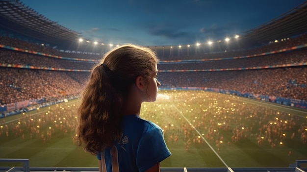 Ein Mädchen im blauen Trikot steht vor einem Fußballfeld