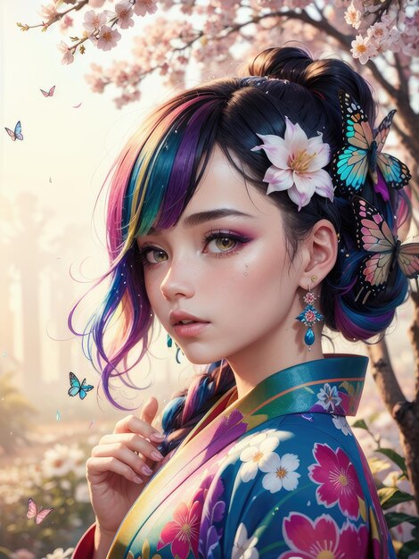 Ein Mädchen im Kimono mit buntem Haar und Schmetterling im Haar