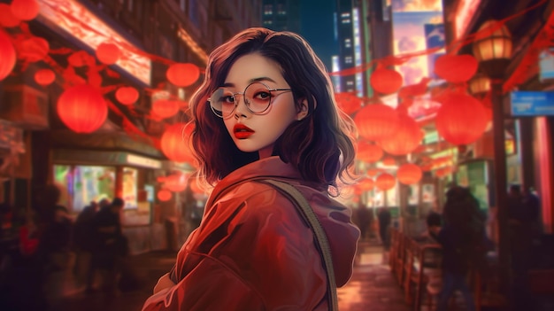 Ein Mädchen im roten Mantel steht vor einem chinesischen Restaurant.