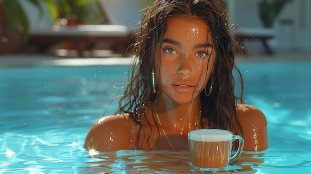 Ein Mädchen im Sommerurlaub genießt morgendlichen Kaffee am Pool mit einer Tasse Kaffee am Morgen