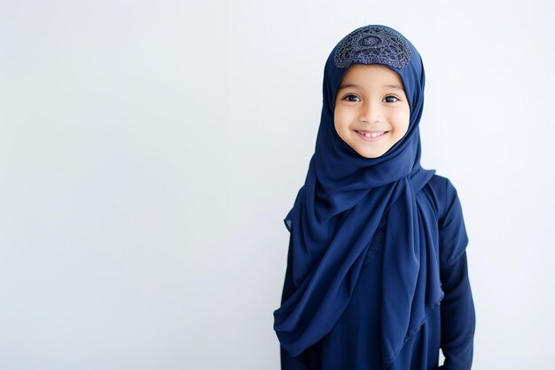 Ein Mädchen in blauer, marineblauer muslimischer Kleidung