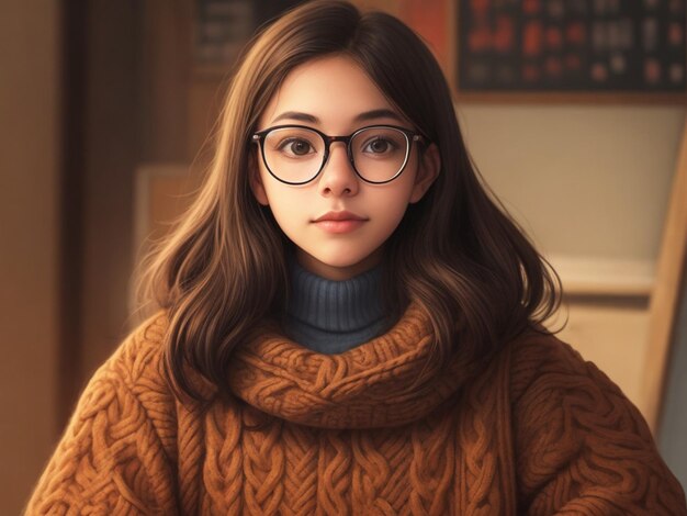 Ein Mädchen in Brille und einem warmen Pullover, ein Student in einem braunen Pullover und Jeans