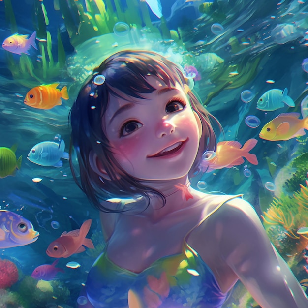 Ein Mädchen in einem Aquarium mit blauem Hintergrund und einem Fisch auf dem Kopf.