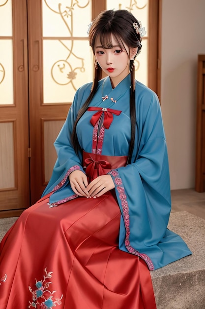 Ein Mädchen in einem blauen Hanbok-Kleid sitzt auf dem Boden.