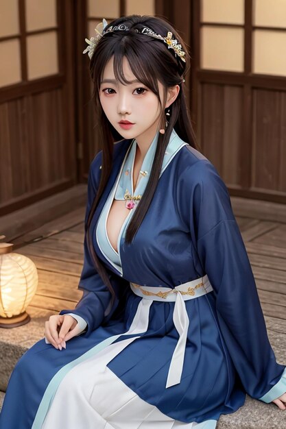 Ein Mädchen in einem blauen Kimono sitzt auf einer Stufe und trägt das Wort Hanfu auf der Brust.