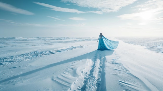Ein Mädchen in einem blauen Kleid im Schnee am Nordpol