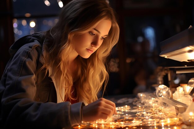 Foto ein mädchen in einem dunklen raum mit einer lampe in der hand