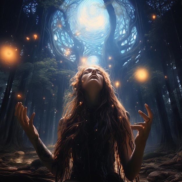ein Mädchen in einem dunklen Wald mit einer runden Sonne im Hintergrund.