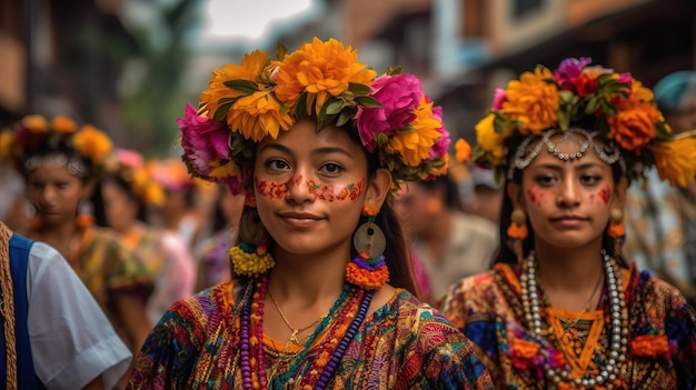 Ein Mädchen in einem farbenfrohen Kleid mit Blumen im Gesicht geht in einer Parade spazieren.