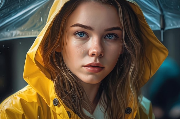 Ein Mädchen in einem gelben Regenmantel mit blauen Augen