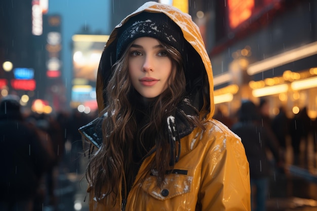 ein Mädchen in einem gelben Regenmantel steht in der Mitte einer Stadtstraße