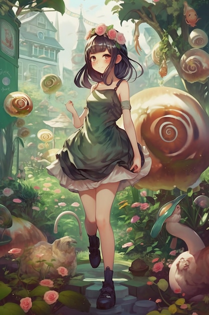 Ein Mädchen in einem grünen Kleid geht mit einer Schnecke auf dem Boden durch einen Garten.