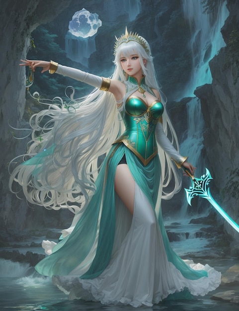 Ein Mädchen in einem grünen Kleid mit einem Schwert