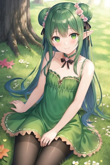 Ein Mädchen in einem grünen Kleid sitzt im Gras