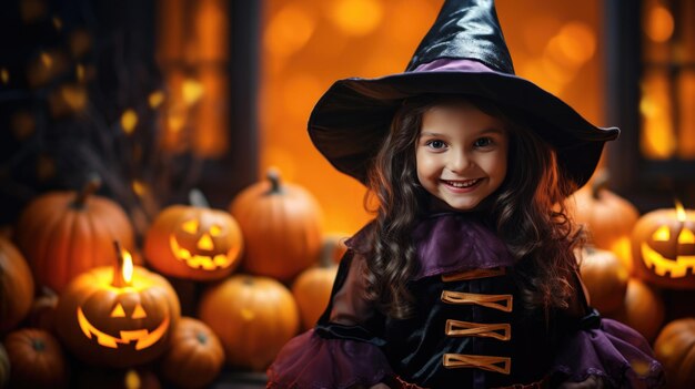 Ein Mädchen in einem Hexenkostüm an Halloween