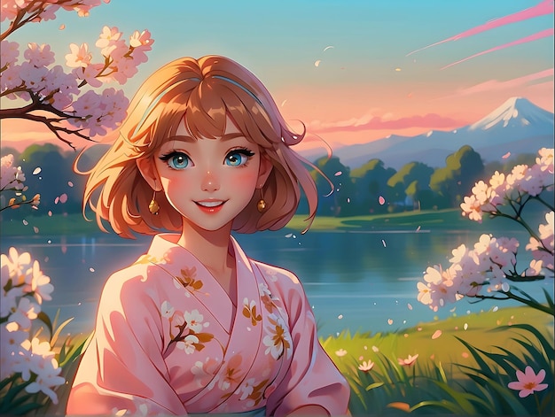 ein Mädchen in einem Kimono mit Blumen im Hintergrund