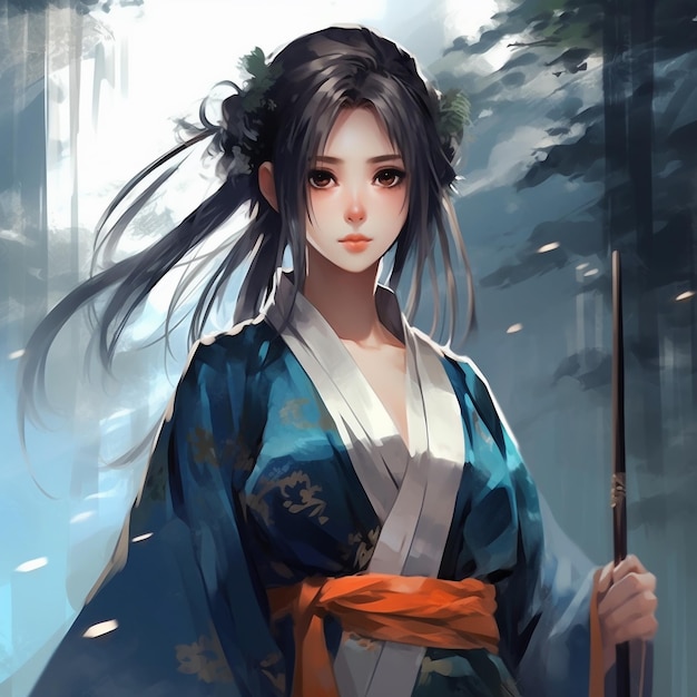 Ein Mädchen in einem Kimono mit einem Schwert