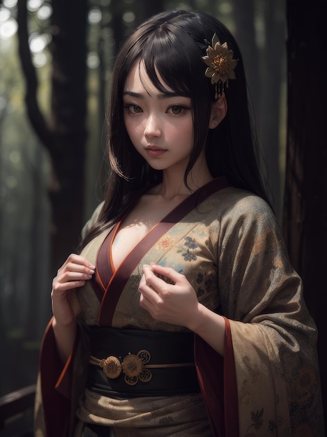 Ein Mädchen in einem Kimono mit einer Blume auf dem Kopf