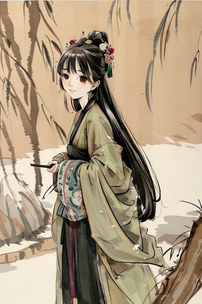 Ein Mädchen in einem Kimono mit einer Blume auf dem Kopf