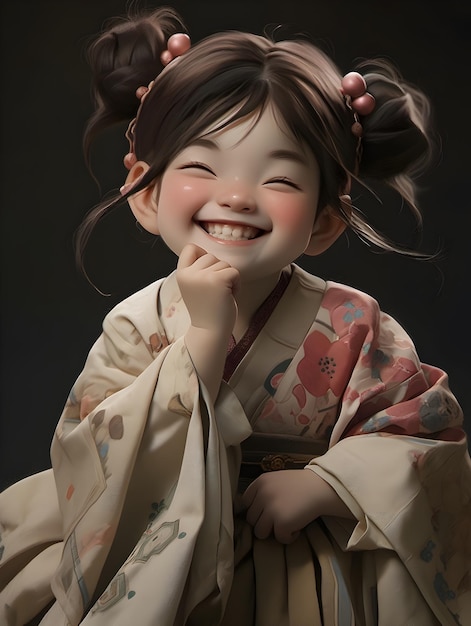 Ein Mädchen in einem Kimono mit einer Blume auf dem Kopf