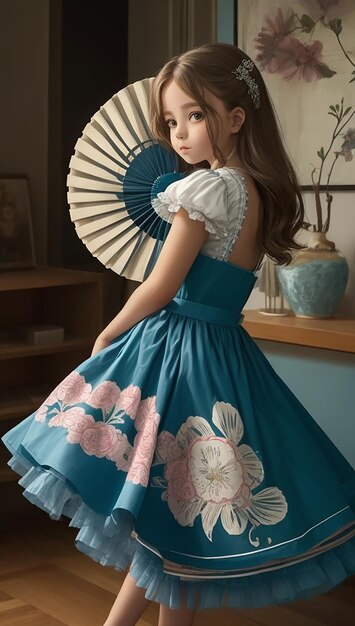 Ein Mädchen in einem Kleid mit einem Fächer im Hintergrund