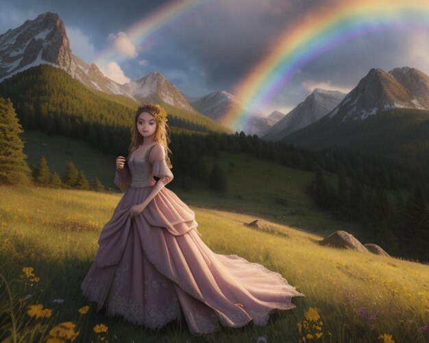 ein Mädchen in einem Kleid mit einem Regenbogen im Hintergrund