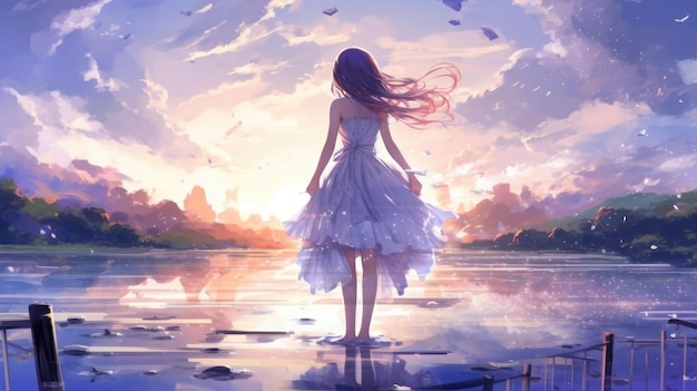 Ein Mädchen in einem Kleid steht im Wasser und blickt auf den Sonnenuntergang