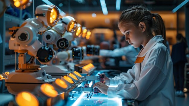 ein Mädchen in einem Labormantel arbeitet an einem Computer mit einem Roboter im Hintergrund