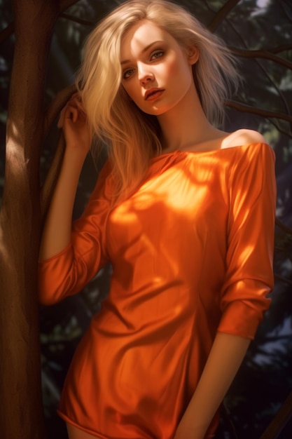 Ein Mädchen in einem orangefarbenen Kleid steht in einem Wald.